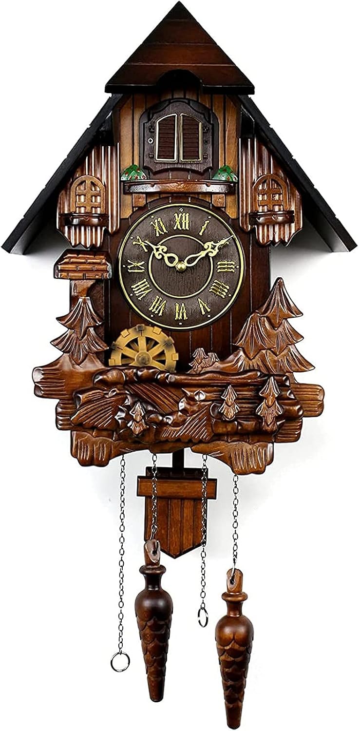 Wall Clock Outdoor Clock,Hand-Carved Cuckoo Clock Black Forest House with Music & Night Mode,Carved Wood Decorations,Brown Art Home Decor Silent Wall Clocks