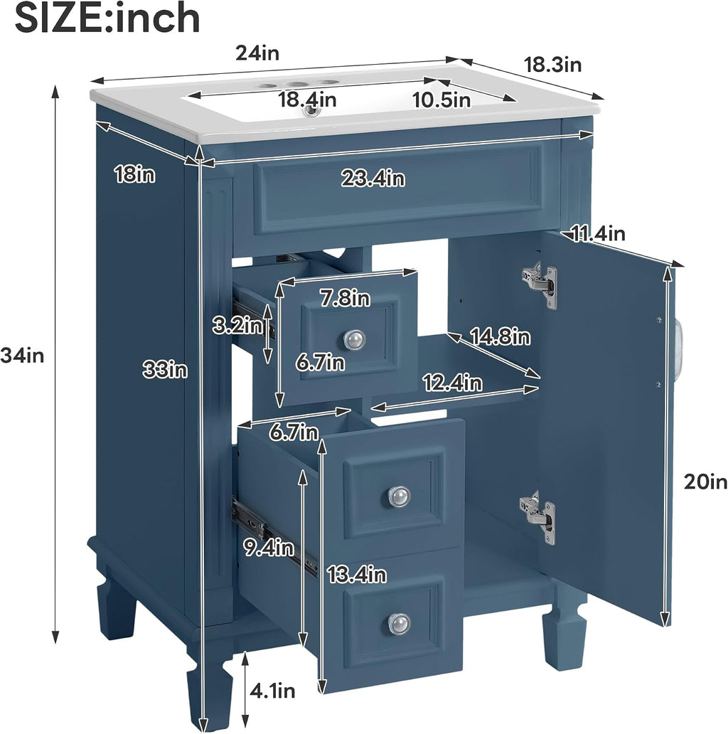 24 Inch Blue-Grey Bathroom Vanity with Sink,Modern Bathroom Vanity with 2 Left Hand Drawers & Adjustable Shelf,Soft Closing Doors & Silver Handles,Solid Wood Frame,French Embossed Front