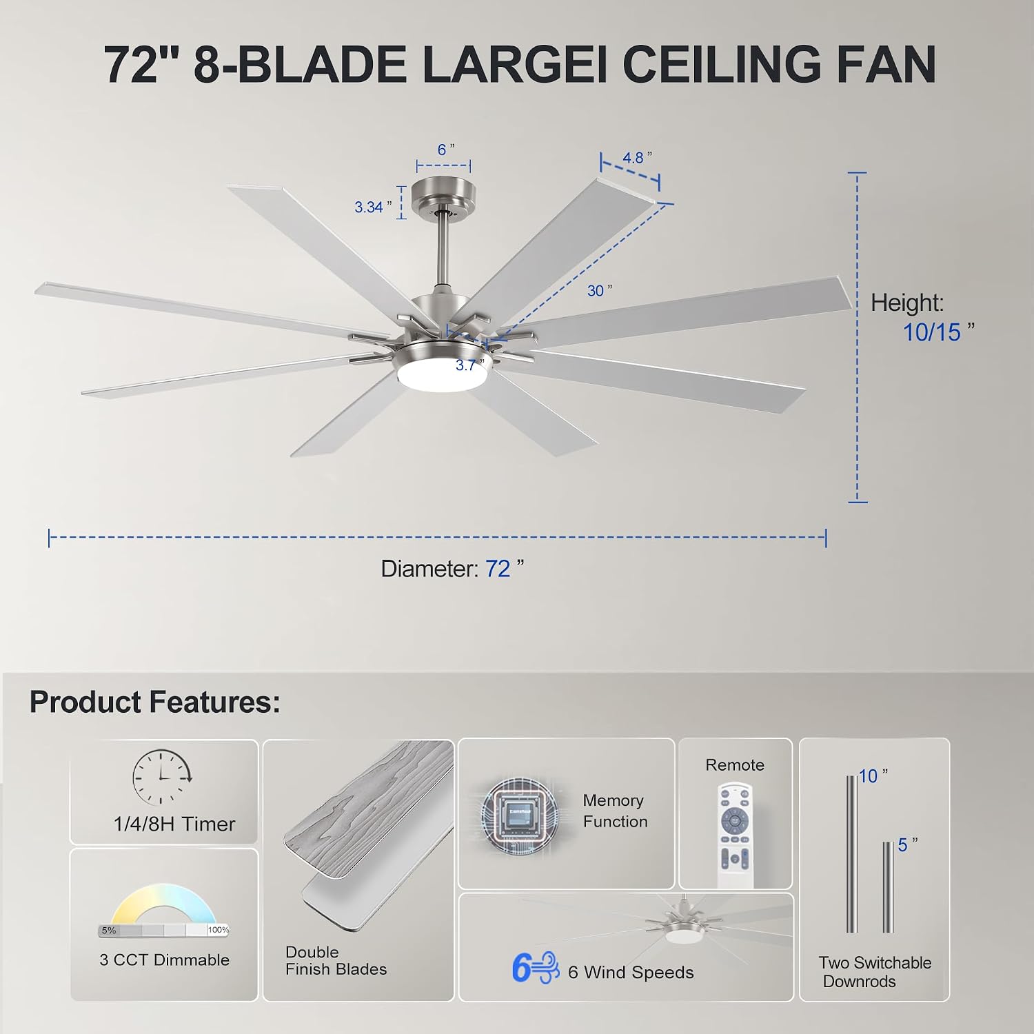72 Inch Large Size With Light Kit & Remote Control 8 PCS Blades Ceiling Fan 3 Color Dimmable Led Dc Motor Reversible 6 Speed Quiet Remote Control Ceiling Fan For Living Room Bedroom Indoor Nickel