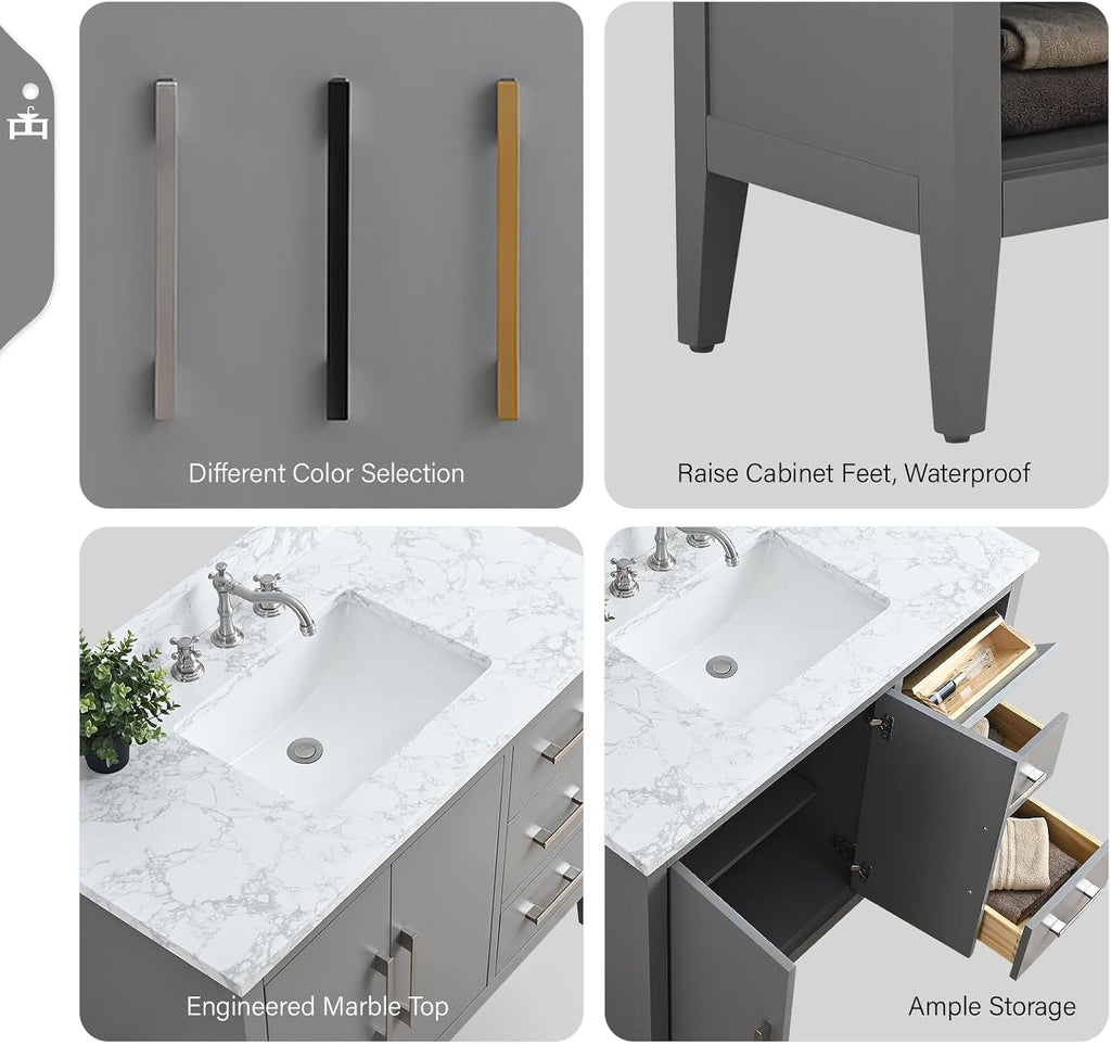 Vanity Art 42 inch Bathroom Vanity with Single Sink & Ceramic Top, Vanity Cabinet with Soft-Closing Doors, Drawers, Solid Wood Frame, Cashmere Gray, Brushed Nickle Handware