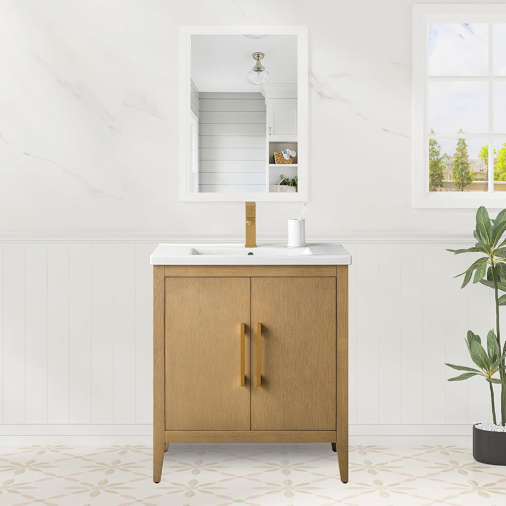 HOMEBEYOND 30 Inch Bathroom Vanities with Sink & Ceramic Top, Single Vanity Cabinet with Basin, Solid Wood Frame, Soft-Closing Doors & Golden Brushed Hardware, Natural Oak