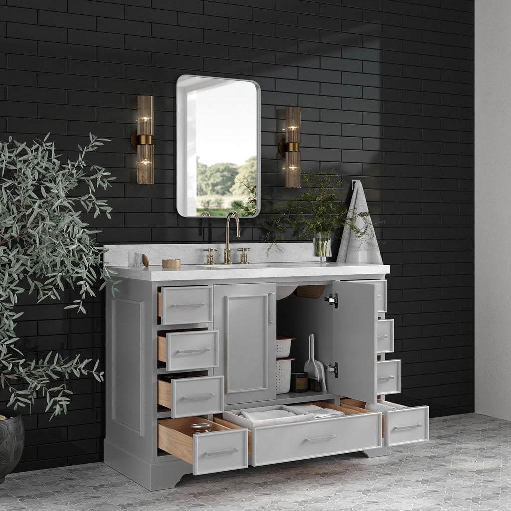 ARIEL Stafford 48-inch Bathroom Vanity with Sink,Solid Wood, 1.5-inch Italian Carrara Marble Countertop, Single Rectangular Porcelain Sink, 2 Soft Closing Doors, 9 Dovetail Drawers, Grey