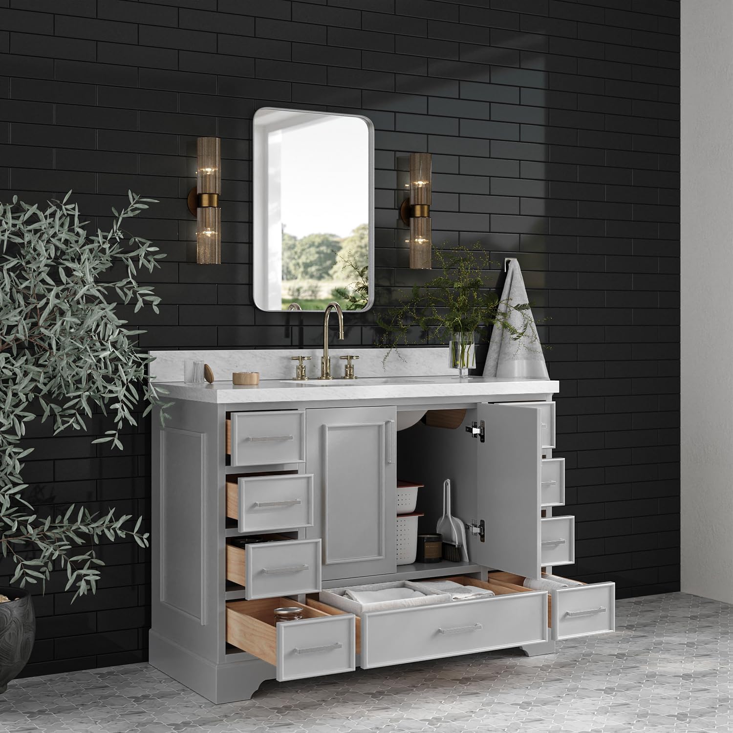 ARIEL Stafford 48-inch Bathroom Vanity with Sink,Solid Wood, 1.5-inch Italian Carrara Marble Countertop, Single Rectangular Porcelain Sink, 2 Soft Closing Doors, 9 Dovetail Drawers, Grey