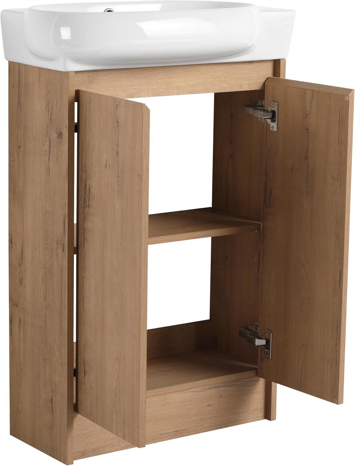 23' Small Bathroom Vanity with Sink, Freestanding Bathroom Vanity Cabinet with Round Ceramic Basin, Soft Closing Doors, Adjustable Shelves, Modern Single Sink Bathroom Vanity, Imitative Oak