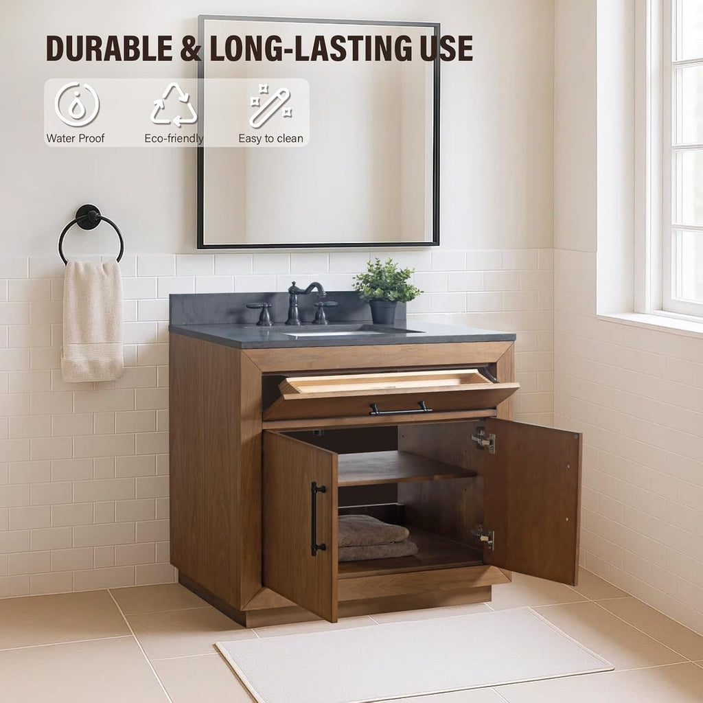 HOMEBEYOND 36' Bathroom Vanity with Single Sink & Ceramic Top, MDF Material Vanity Cabinet with Basin Combo, Soft-Closing Doors, Removable Shelf, Backsplash, Tan