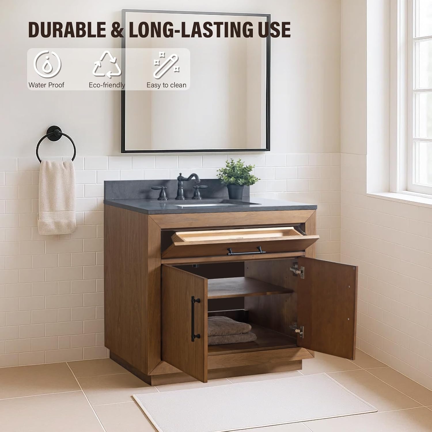 HOMEBEYOND 36' Bathroom Vanity with Single Sink & Ceramic Top, MDF Material Vanity Cabinet with Basin Combo, Soft-Closing Doors, Removable Shelf, Backsplash, Tan