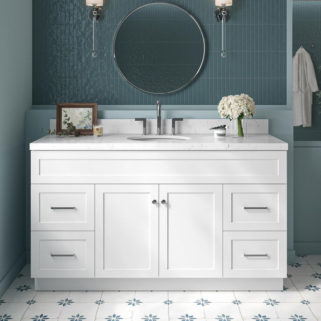 ARIEL Hamlet 60-inch Bathroom Vanity with Sink,Solid Wood, 1.5-inch Carrara White Quartz Countertop & Backsplash, Single Oval Porcelain Sink, 2 Soft Closing Doors, 4 Dovetail Drawers, White