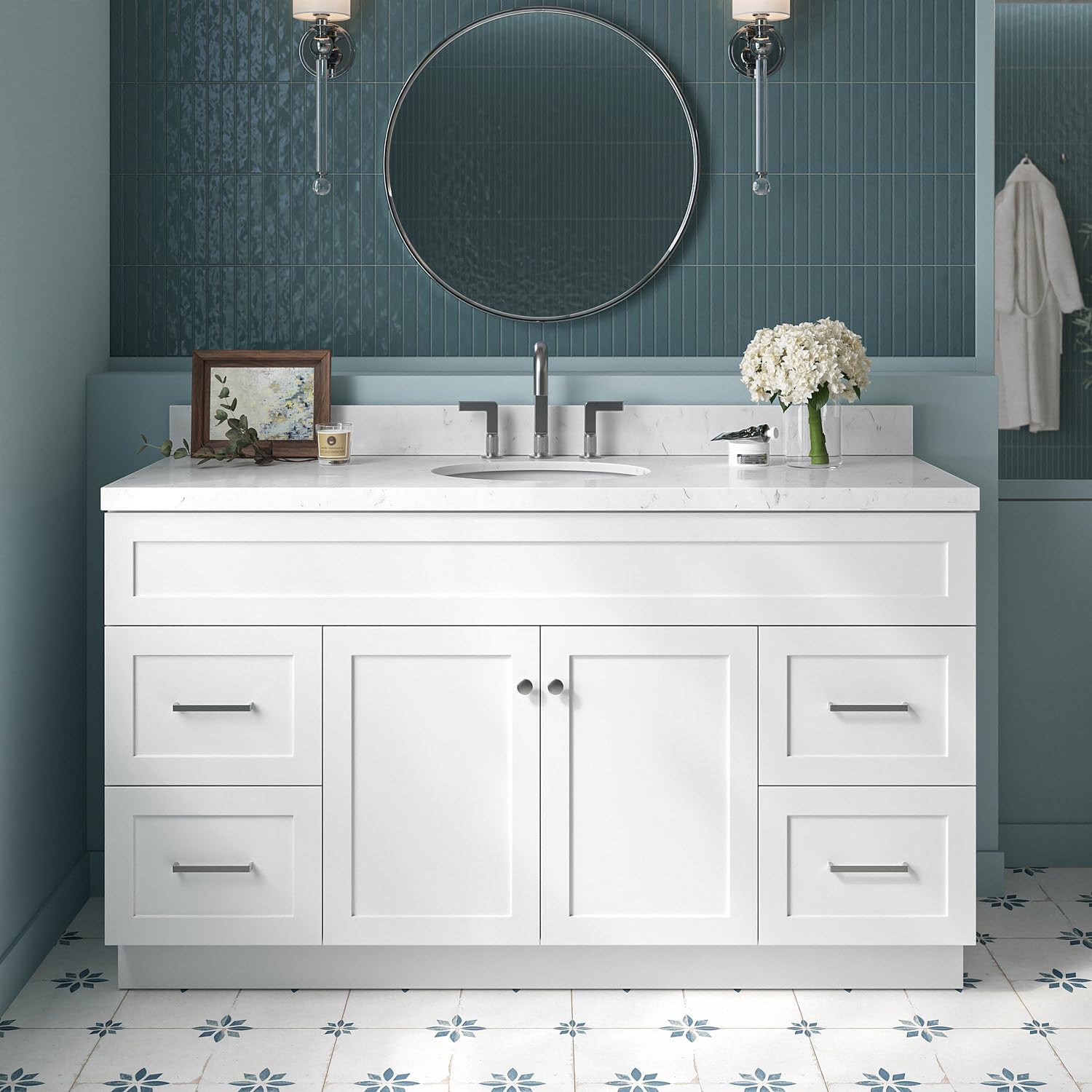 ARIEL Hamlet 60-inch Bathroom Vanity with Sink,Solid Wood, 1.5-inch Carrara White Quartz Countertop & Backsplash, Single Oval Porcelain Sink, 2 Soft Closing Doors, 4 Dovetail Drawers, White