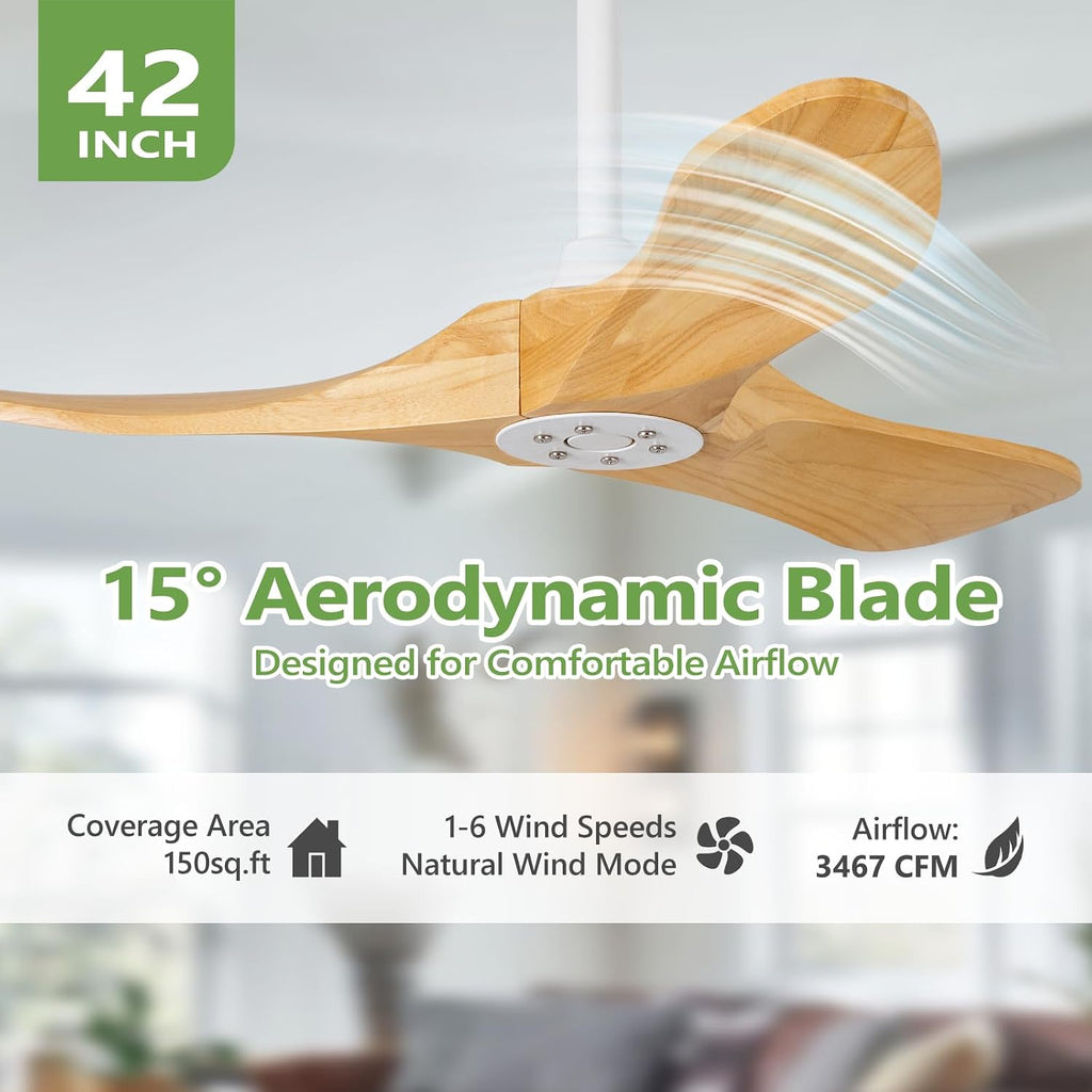 42 Inch Solid Wood Ceiling Fan No Light,Propeller Outdoor Ceiling Fans Without Lights with Wall Switch and Remote Control,Quiet DC Motor,3 Blades Ceiling Fan for Patios,Living Room,Bed Room