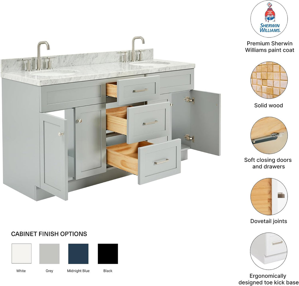 DKB Bradford 66' Grey Double Bathroom Vanity, 1.5' Edge Italian Carrara Marble Countertop, Double Oval Undermount Sinks, 2 Soft Closing Doors, 3 Dovetail Drawers, Brushed Nickel