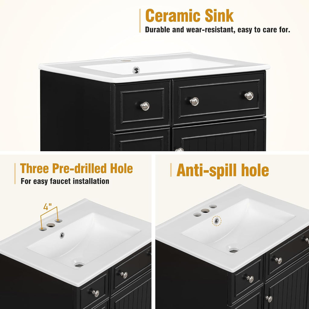 24-inch Bathroom Vanity with Sink Combo Set, Free-Standing Single Storage Cabinet with 2 Drawers and Single Door, Vanity with Ceramic Basin for Bathroom (Black)