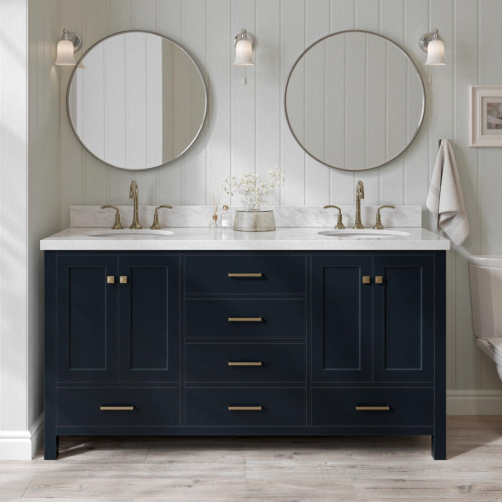 ARIEL Cambridge 66-inch Bathroom Vanity with Sink,Solid Wood, 1.5-inch Italian Carrara Marble Countertop, Double Oval Porcelain Sink, 4 Soft Closing Doors, 6 Dovetail Drawers, Midnight Blue