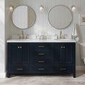 ARIEL Cambridge 66-inch Bathroom Vanity with Sink,Solid Wood, 1.5-inch Italian Carrara Marble Countertop, Double Oval Porcelain Sink, 4 Soft Closing Doors, 6 Dovetail Drawers, Midnight Blue