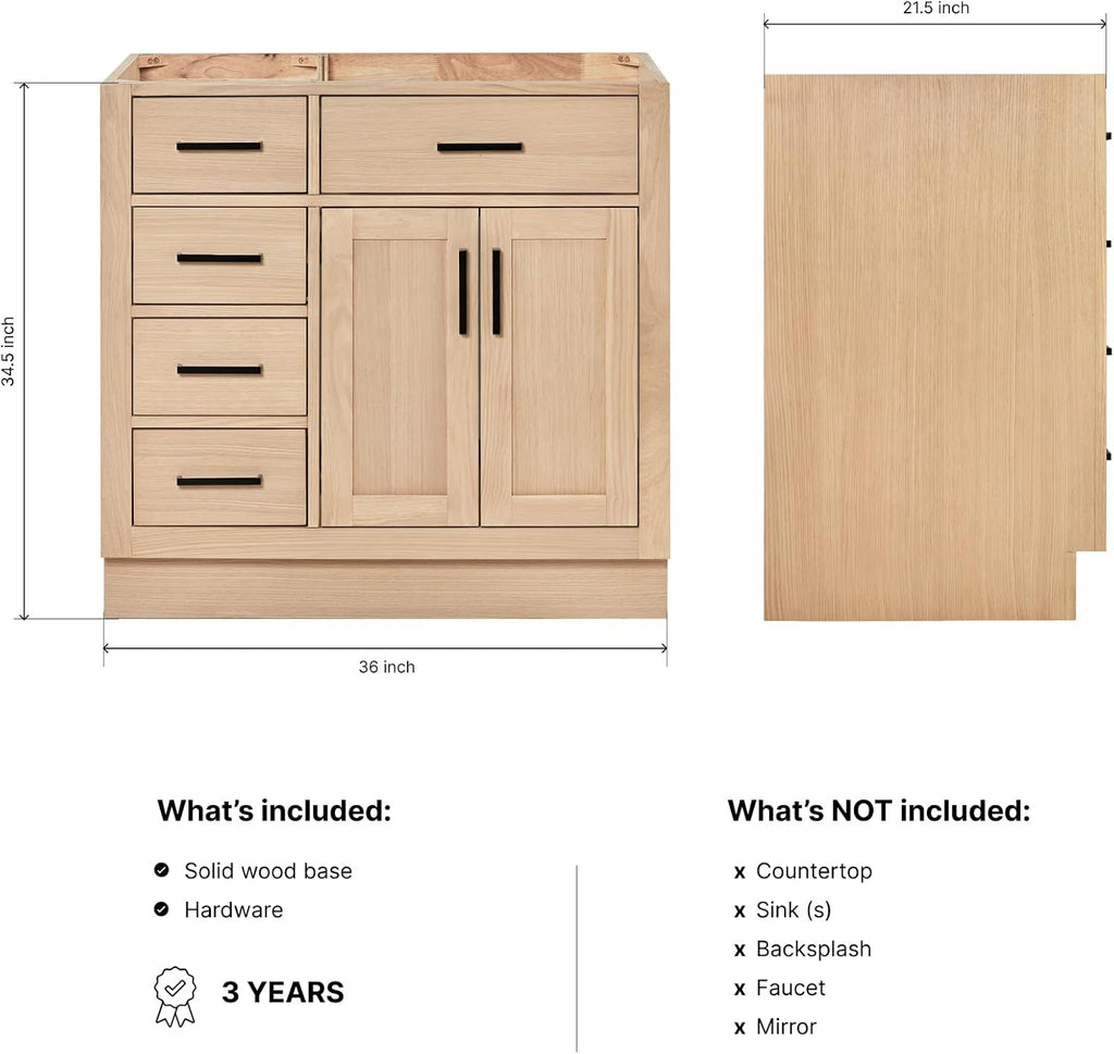 ARIEL Hepburn 36-inch Bathroom Vanity Base Cabinet,Solid Wood, 2 Soft Closing Doors, 5 Dovetail Drawers, White Oak