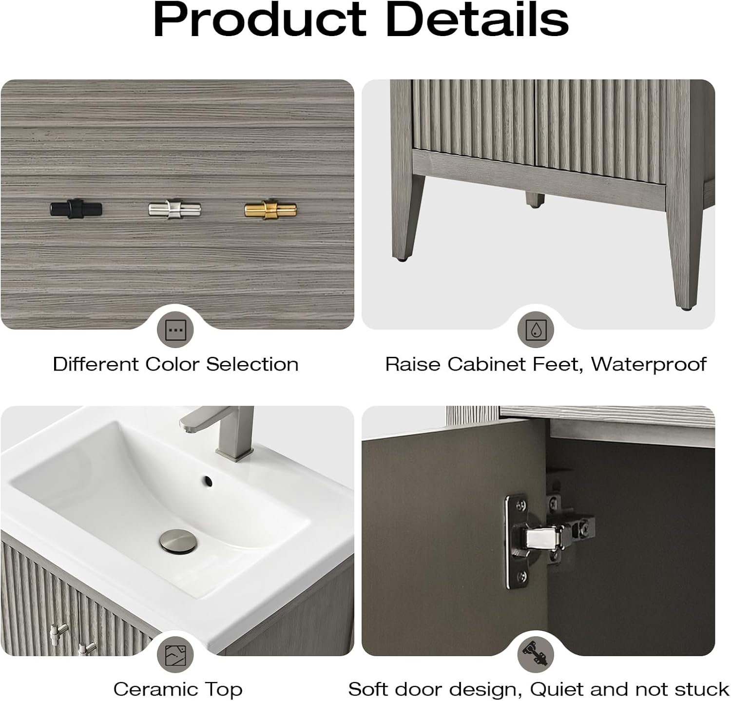 Vanity Art 24 inch Bathroom Vanity with Single Sink & Ceramic Top, Vanity Cabinet with Soft-Closing Door, Solid Wood Frame, Linear Pattern, Driftwood Gray, Golden Brushed Handware VA9124-DG-GB