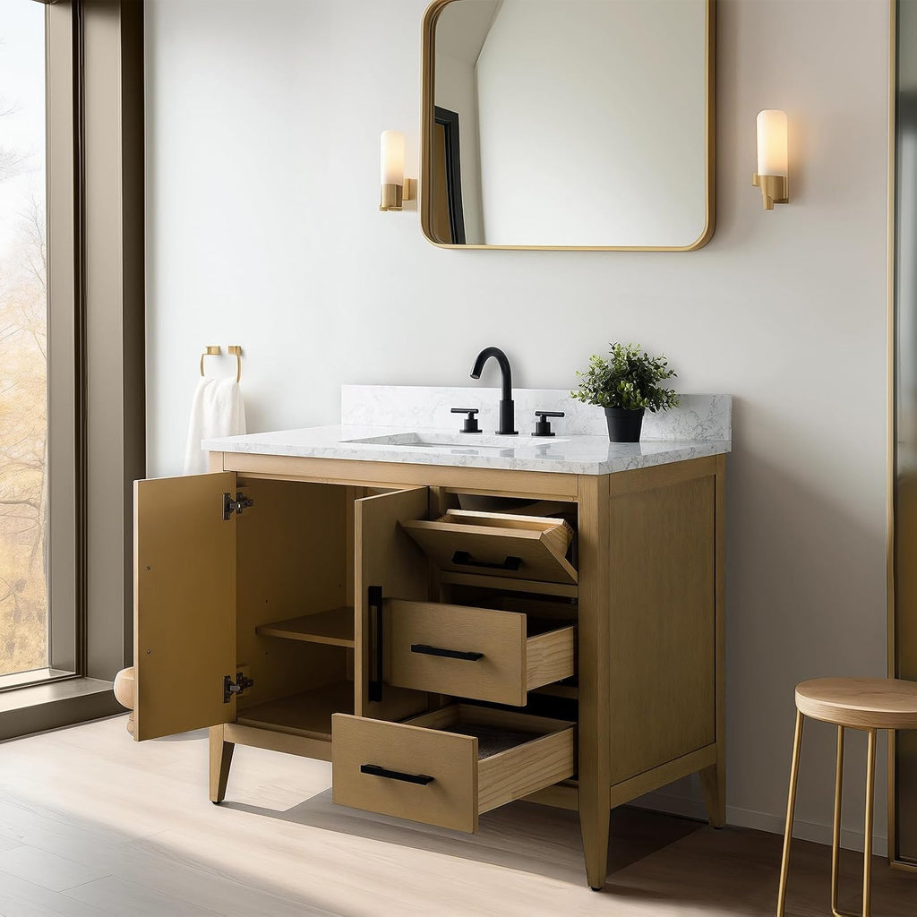 Vanity Art 42 inch Bathroom Vanity with Single Sink & Ceramic Top, Vanity Cabinet with Soft-Closing Doors, Drawers, Solid Wood Frame, Natural Oak, Brushed Nickle Handware