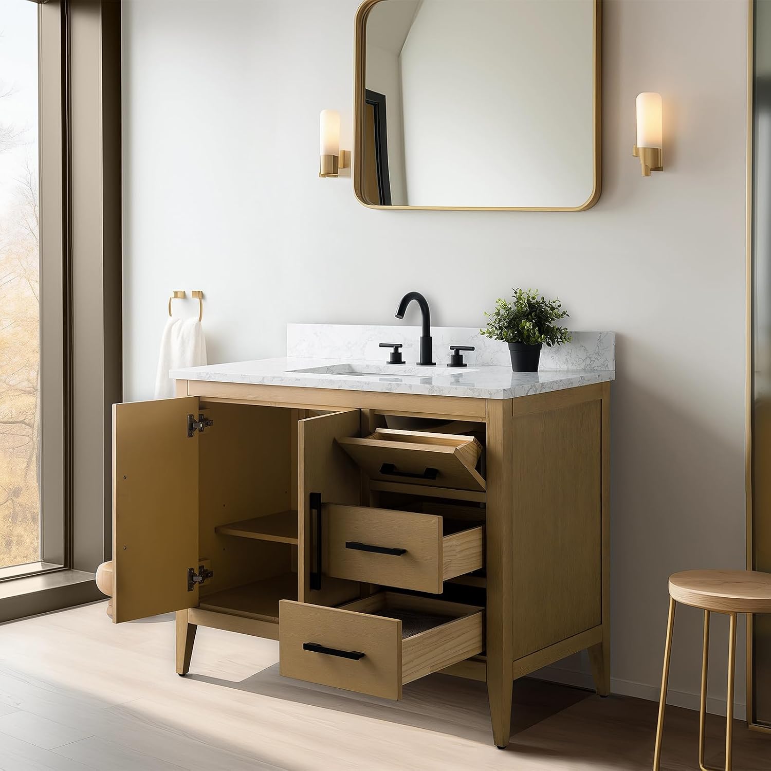 Vanity Art 42 inch Bathroom Vanity with Single Sink & Ceramic Top, Vanity Cabinet with Soft-Closing Doors, Drawers, Solid Wood Frame, Natural Oak, Brushed Nickle Handware