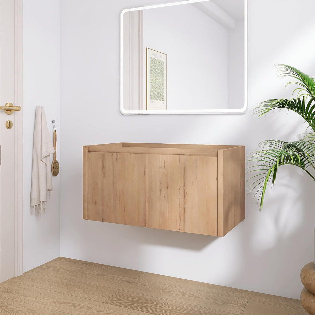 36' Floating Bathroom Vanity,36 Inch Bathroom Vanity Without Top Sink,Modern Floating Vanity Cabinet,Brown Wall Mounted Cabinet with Soft Closing Doors,Plywood(Sink Basin Not Included)