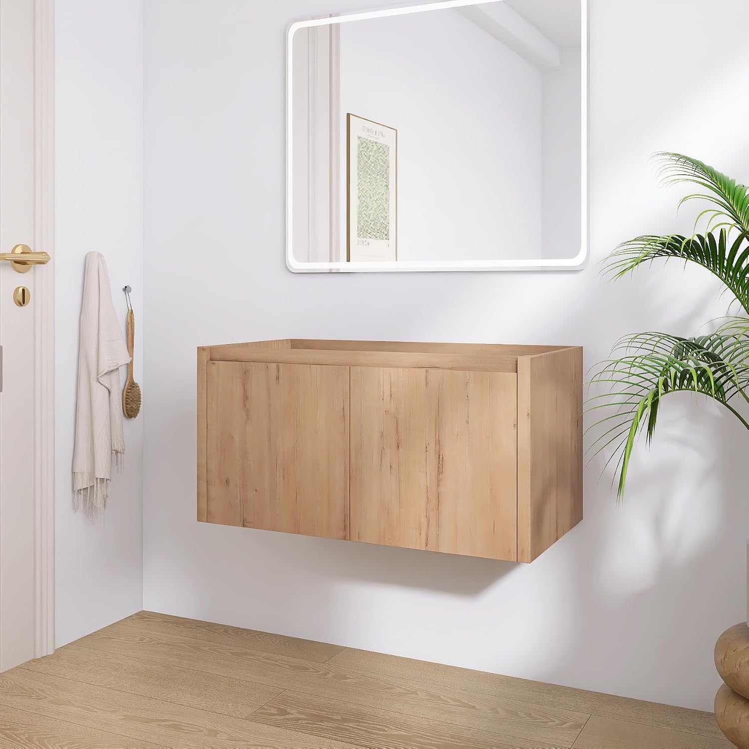 36' Floating Bathroom Vanity,36 Inch Bathroom Vanity Without Top Sink,Modern Floating Vanity Cabinet,Brown Wall Mounted Cabinet with Soft Closing Doors,Plywood(Sink Basin Not Included)