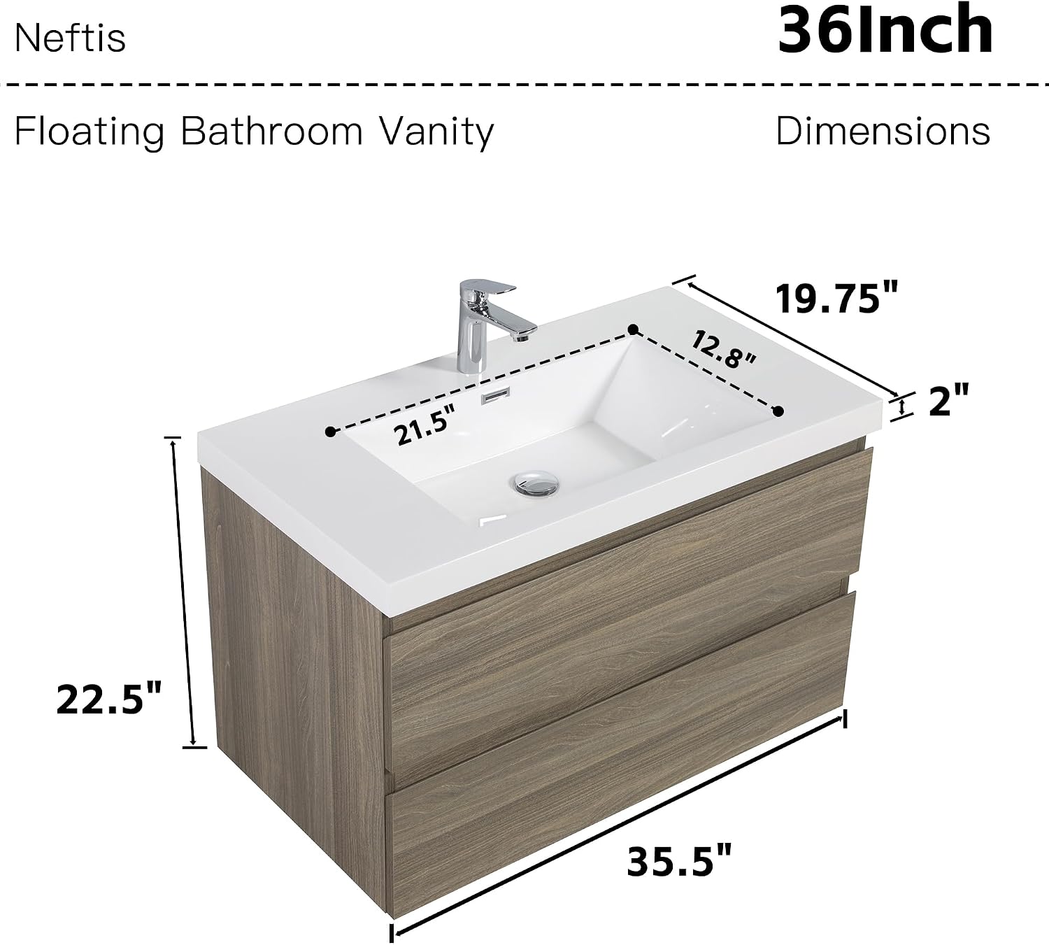 Neftis 36-Inch Floating Vanity with Sink, Pre-Assembled Modern Bathroom Vanity Sink Combo with Storage, Soft-Closing Drawers, One-piece Countertop White Resin Sink, Ash Grey Vanity for Bathroom