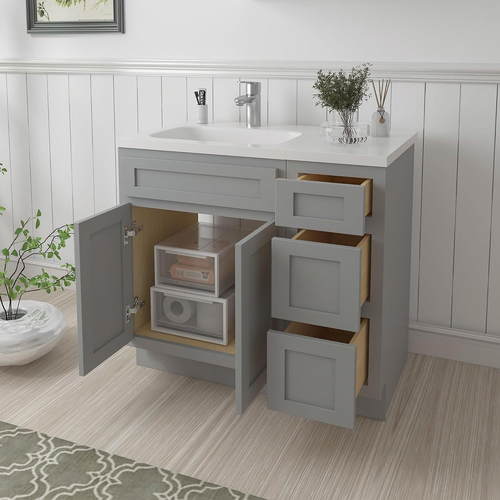 Vanity Art 36' Unassembled Bathroom Vanity with 2-Door 3-Drawer, Wood Bathroom Vanity Cabinet with Soft Closing Shaker Drawer, Sturdy Floor Mounted Cabinet Without Top VA4036-3S-G