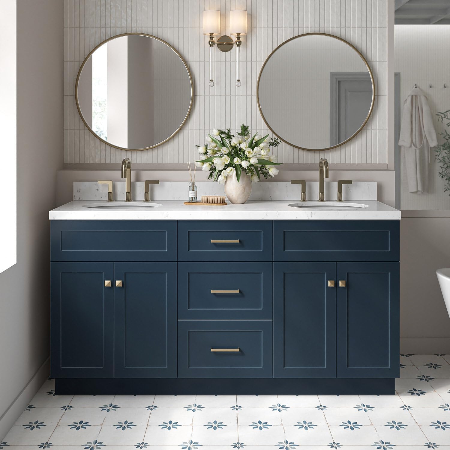 ARIEL Hamlet 66-inch Bathroom Vanity with Sink,Solid Wood, 1.5-inch Carrara White Quartz Countertop & Backsplash, Double Oval Porcelain Sink, 4 Soft Closing Doors, 3 Dovetail Drawers, Midnight Blue