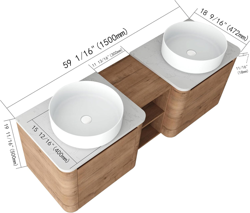 60 Inch Double Sink Bathroom Vanity Combo Modern Floating Bathroom Vanitites with Round Ceramic Vessel Sink 60' Bathroom Sink Cabinet with Marble Counter Top & 1 Middle Storage Shelf
