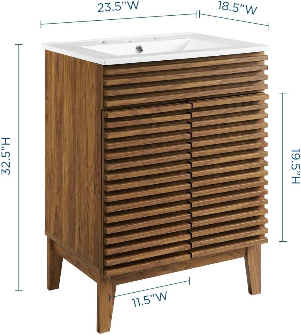 Modway Render Mid-Century Bathroom Vanity With Sink in Walnut White,24 Inch