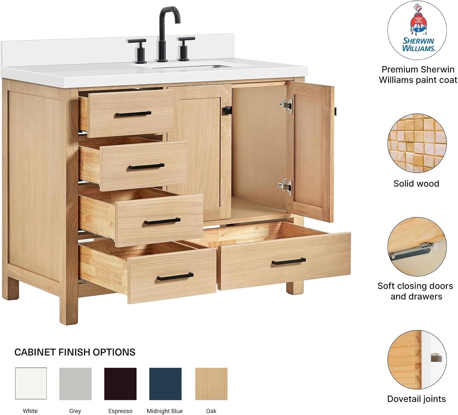 DKB Beckford 42-Inch Oak Bathroom Vanity with Sink, Pure White Quartz Countertop & 4' Backsplash, Porcelain Sink, Soft Closing Door & Drawer, Matte Black Hardware