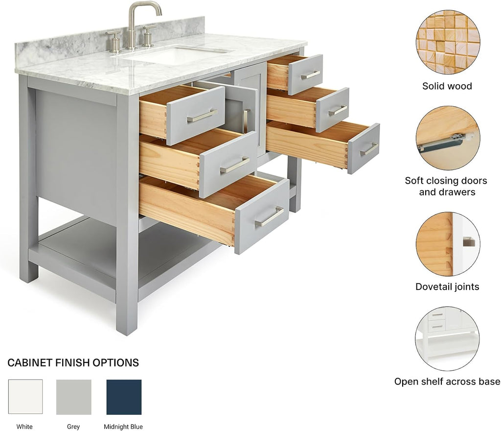 ARIEL Magnolia 48-inch Bathroom Vanity with Sink,Solid Wood, 0.75-inch Italian Carrara Marble Countertop, Single Rectangular Porcelain Sink, 2 Soft Closing Doors, 6 Dovetail Drawers, Grey