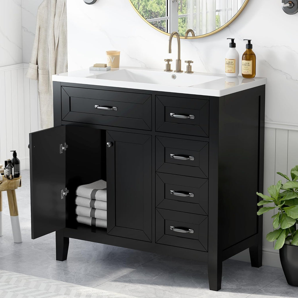 LUMISOL 36 Inch Bathroom Vanity with Ceramic Sink, Solid Wood Bathroom Storage Cabinet with 3 Drawers & 2 Soft-Close Doors, Freestanding Vanity with Sink Combo Set, Black