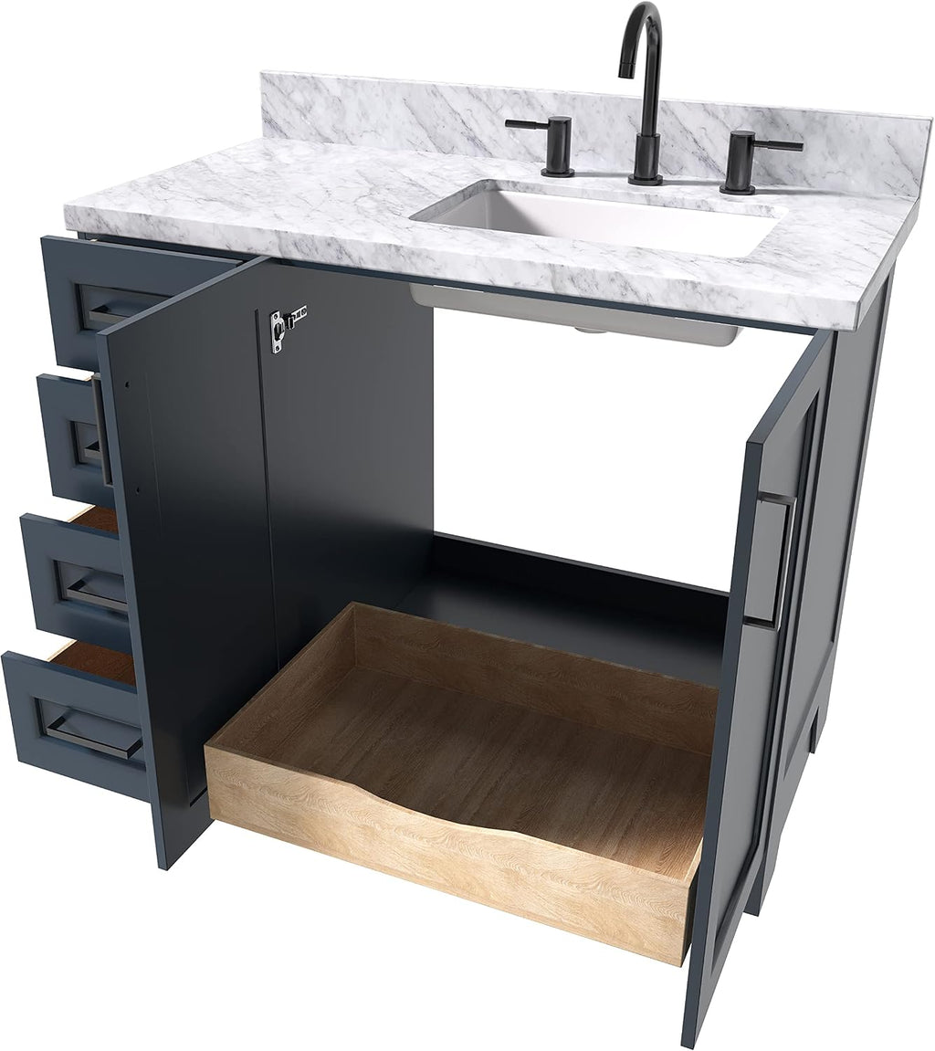 ARIEL Taylor 42-inch Bathroom Vanity with Sink,Solid Wood, 1.5-inch Italian Carrara Marble Countertop, Single Rectangular Porcelain Sink, 2 Soft Closing Doors, 5 Dovetail Drawers, Midnight Blue