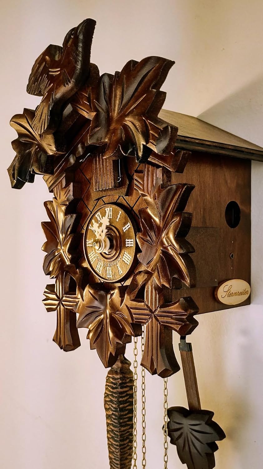 BIRD AND LEAF Model 1200 Brown Forest Mechanical Cuckoo Clock, Linden Wood with Half and Full Hour Strike