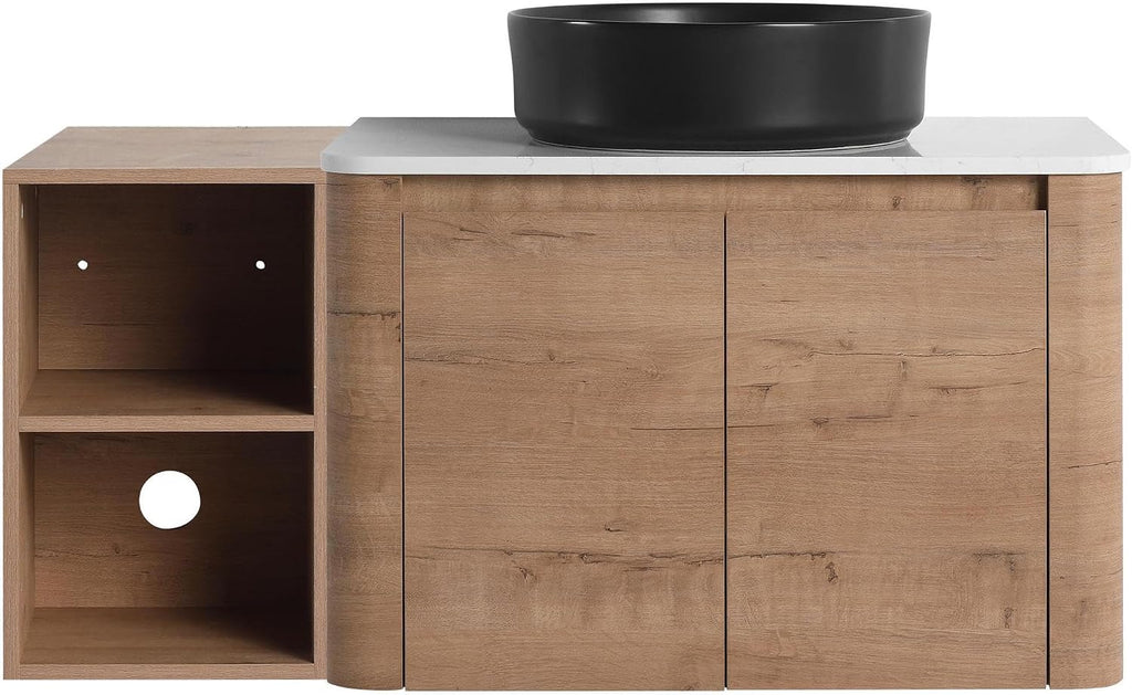 42 Inch Wall-Mounted Bathroom Vanity with Sink Combo Modern Floating Bathroom Vanitites with Round Ceramic Vessel Sink 42' Bathroom Sink Cabinet with Marble Counter Top & 1 Side Storage Shelf