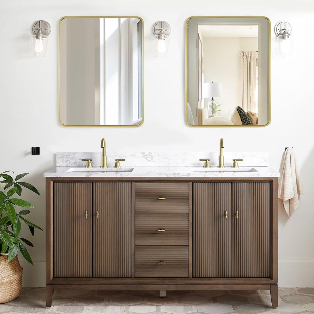 HOMEBEYOND 60' Bathroom Vanity with Double Sink & Engineered Marble Top, Solid Wood Frame, Linear Pattern & Soft Close Door | Golden Brushed Handware, Walnut