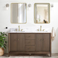 HOMEBEYOND 60' Bathroom Vanity with Double Sink & Engineered Marble Top, Solid Wood Frame, Linear Pattern & Soft Close Door | Golden Brushed Handware, Walnut