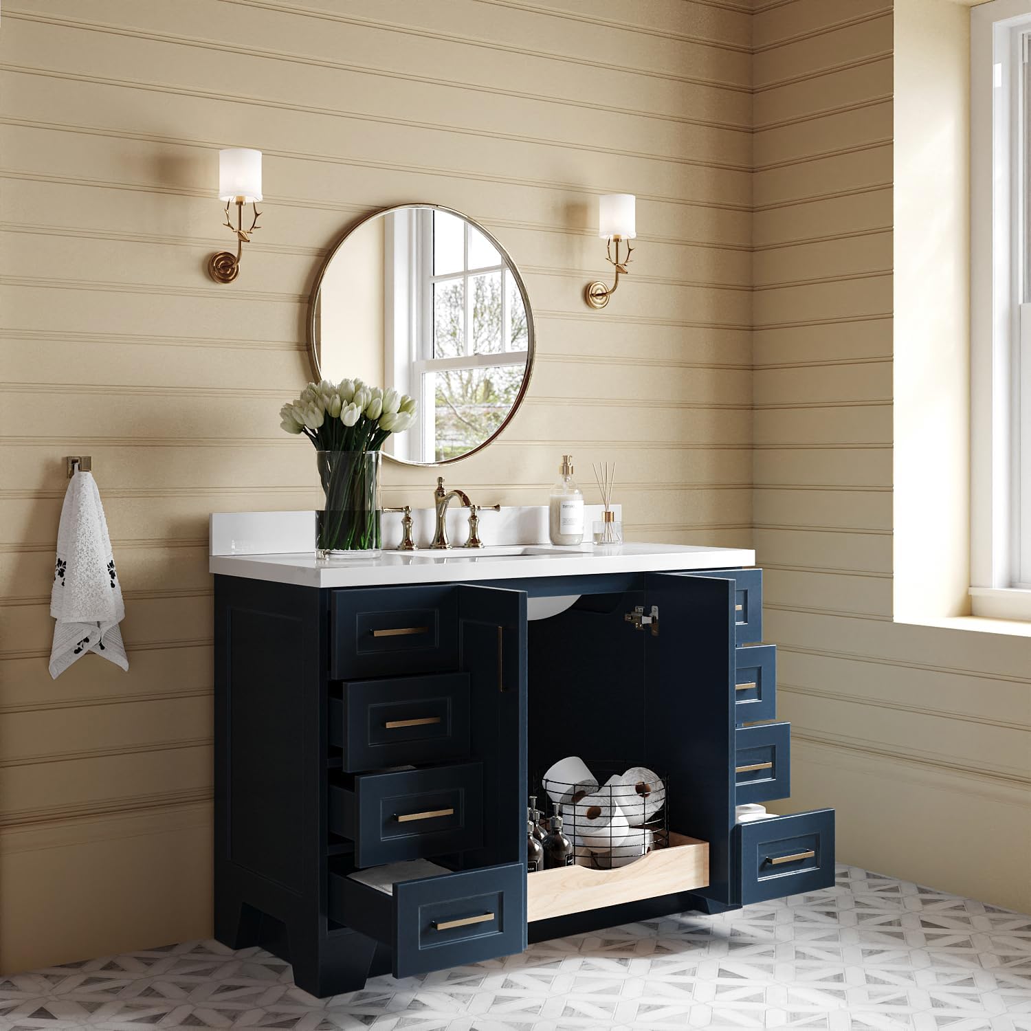 ARIEL Taylor 48-inch Bathroom Vanity with Sink,Solid Wood, 1.5-inch Pure White Quartz Countertop, Single Rectangular Porcelain Sink, 2 Soft Closing Doors, 9 Dovetail Drawers, Midnight Blue