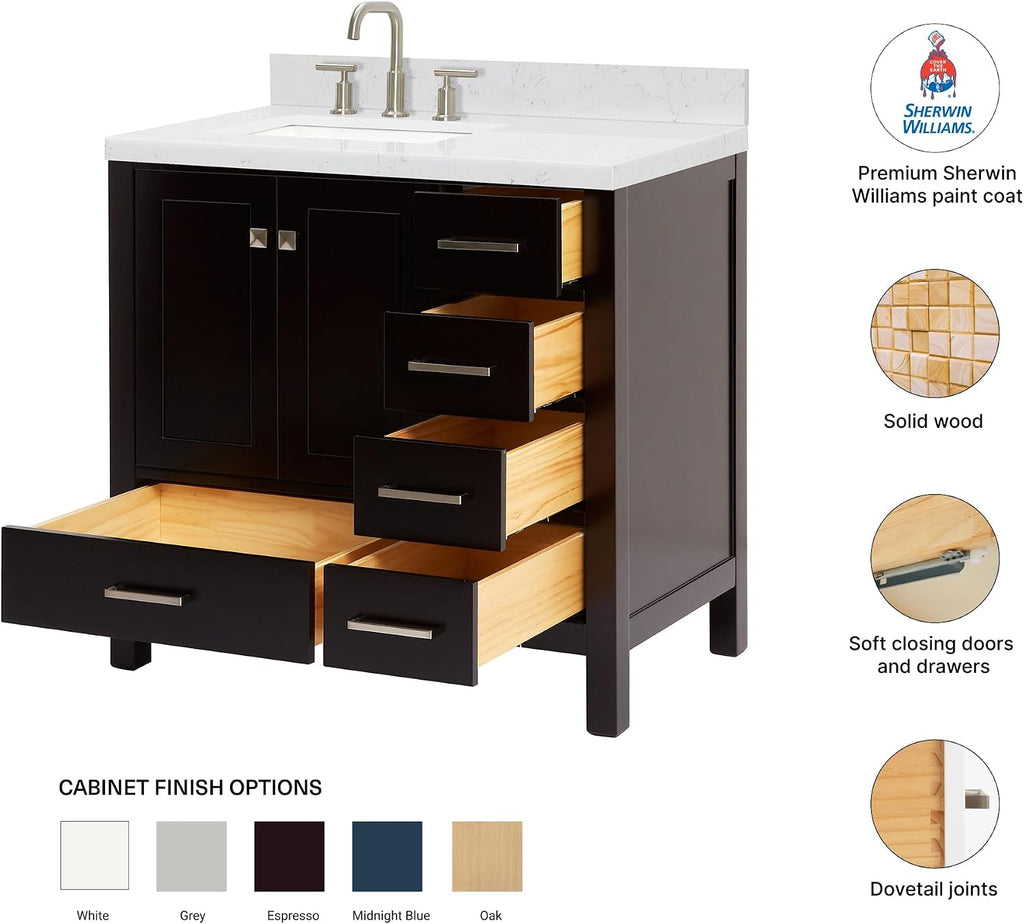 DKB Beckford 36-Inch Espresso Single Bathroom Vanity with Sink, Solid Wood Frame, Carrara White Quartz 1.5' Countertop, Left Rectangular Undermount Sink, 2 Soft Closing Doors, 5 Drawers