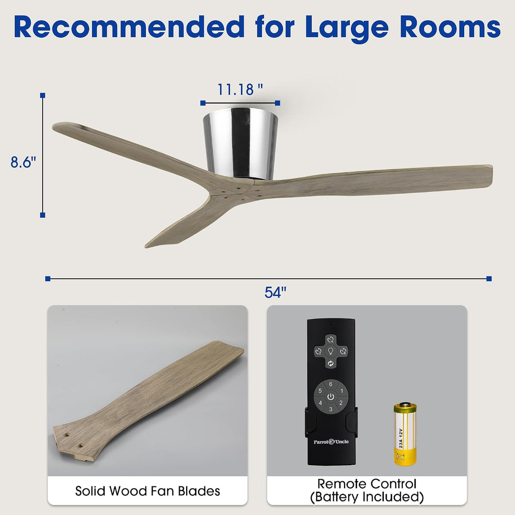 Low Profile Ceiling Fans Without Lights, 54 Inch Flush Mount Ceiling Fan with Remote Control, 3 Wood Blades, Reversible DC Motor Ceiling Fan No Light for Bedroom Living Room, Silver