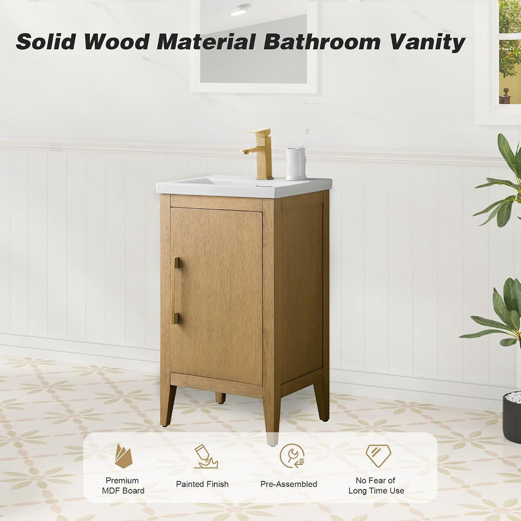 HOMEBEYOND 20 Inch Bathroom Vanities with Sink & Ceramic Top, Single Vanity Cabinet with Basin, Solid Wood Frame, Soft-Closing Doors & Golden Brushed Hardware, Natural Oak