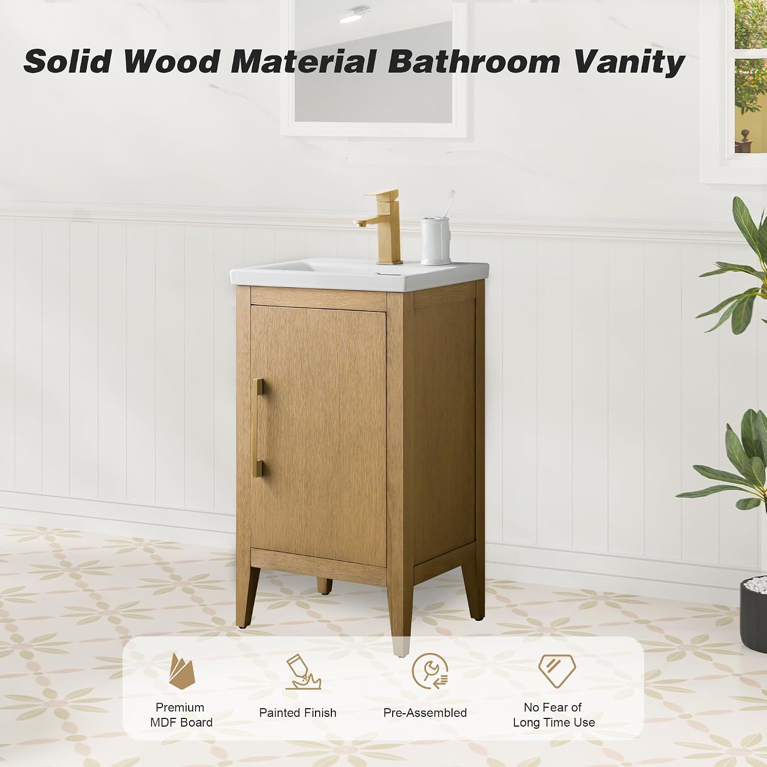 HOMEBEYOND 20 Inch Bathroom Vanities with Sink & Ceramic Top, Single Vanity Cabinet with Basin, Solid Wood Frame, Soft-Closing Doors & Golden Brushed Hardware, Natural Oak
