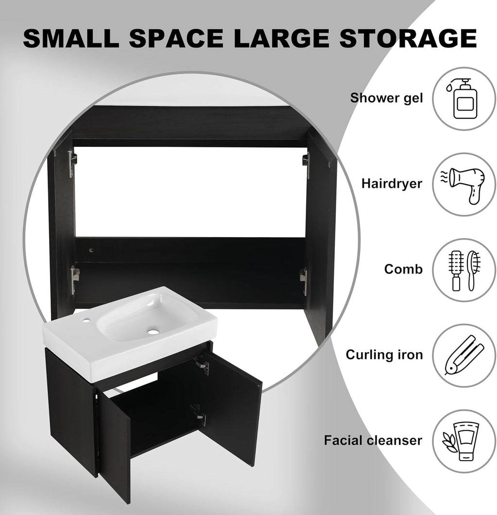 Small Bathroom Vanity with Sink, 24 Inch Bathroom Vanity with Sink, Floating Vanity Bathroom with Soft Closed Door, Integrated Sink, Engineered Wood (Black)