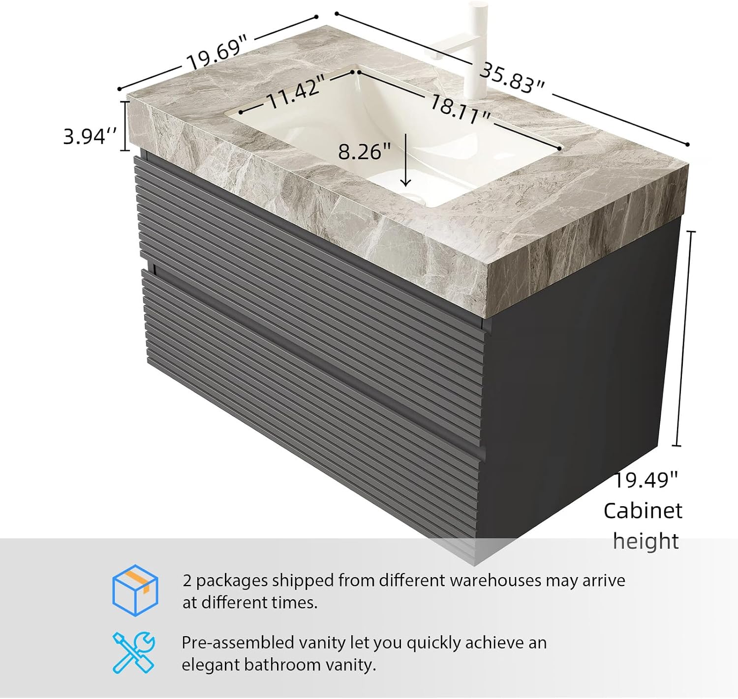 Eleshine 36' Bathroom Vanity with Undermount Sink, Floating Plywood Fluted Storage Cabinet with 2 Drawers, Itlay Light Gray with Stone Pattern Sintered Stone Top, Gray