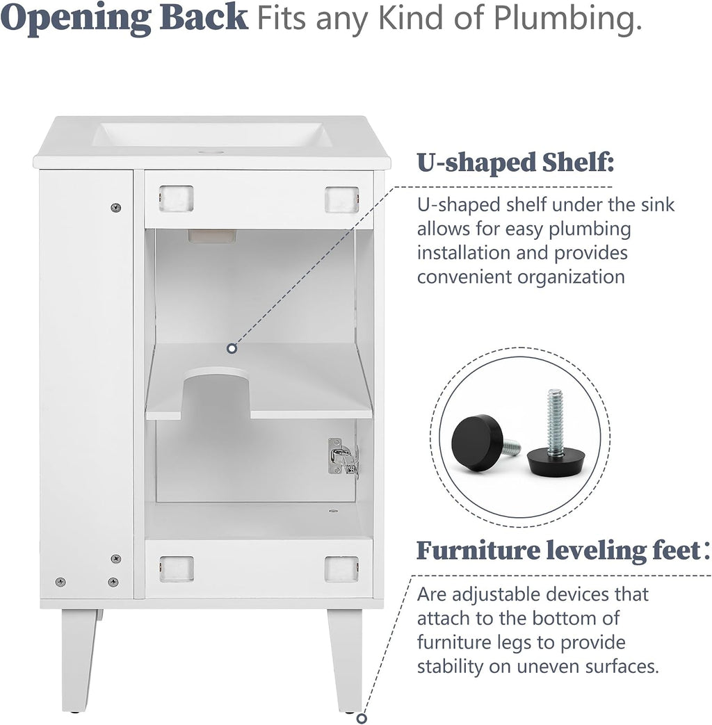 VilroCaz Modern 20'' Bathroom Vanity with Top Ceramic Sink, Freestanding Single Vanity Set Bathroom Storage Cabinet with Soft Closing Door, Chic Half-Moon Pulls (White-10.16)