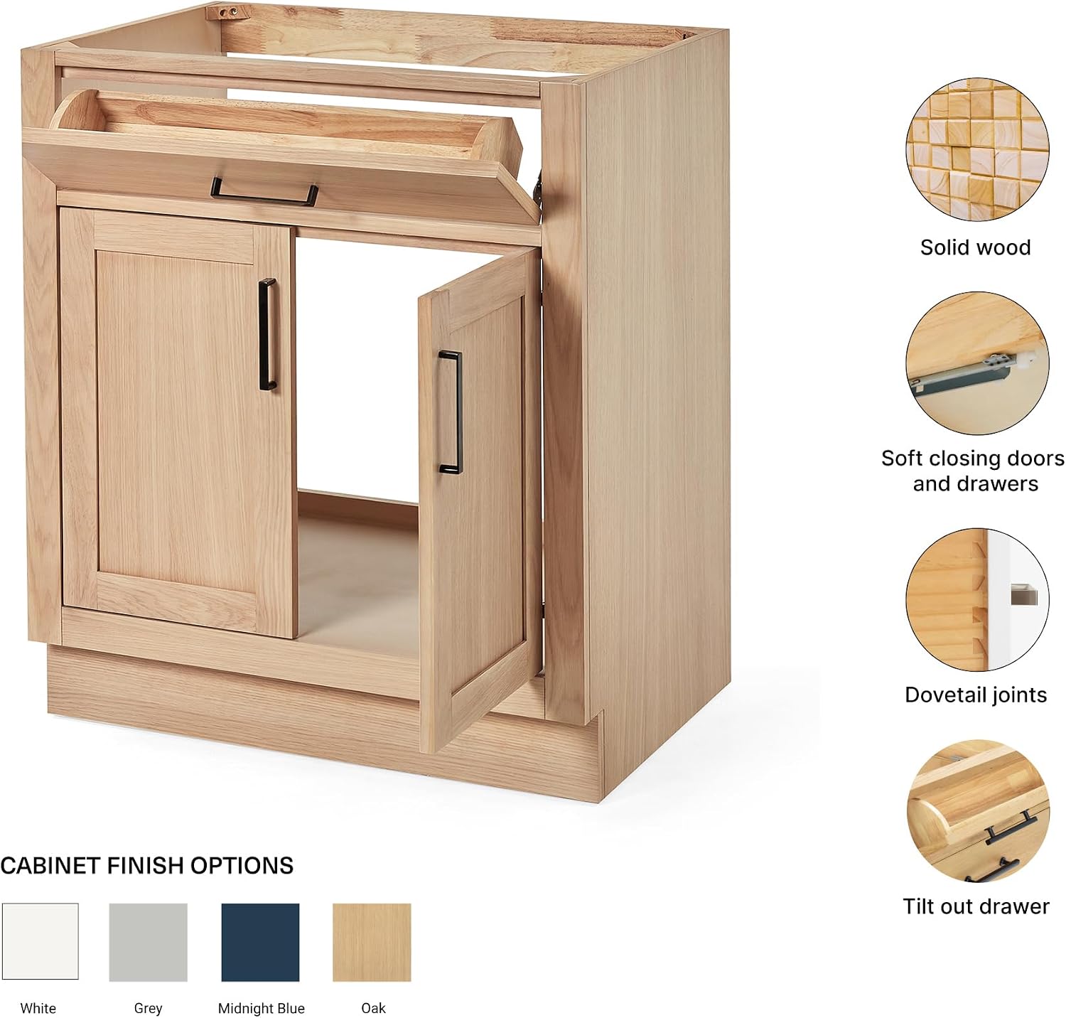 ARIEL Hepburn 30-inch Bathroom Vanity Base Cabinet,Solid Wood, 2 Soft Closing Doors, 1 Dovetail Drawers, White Oak