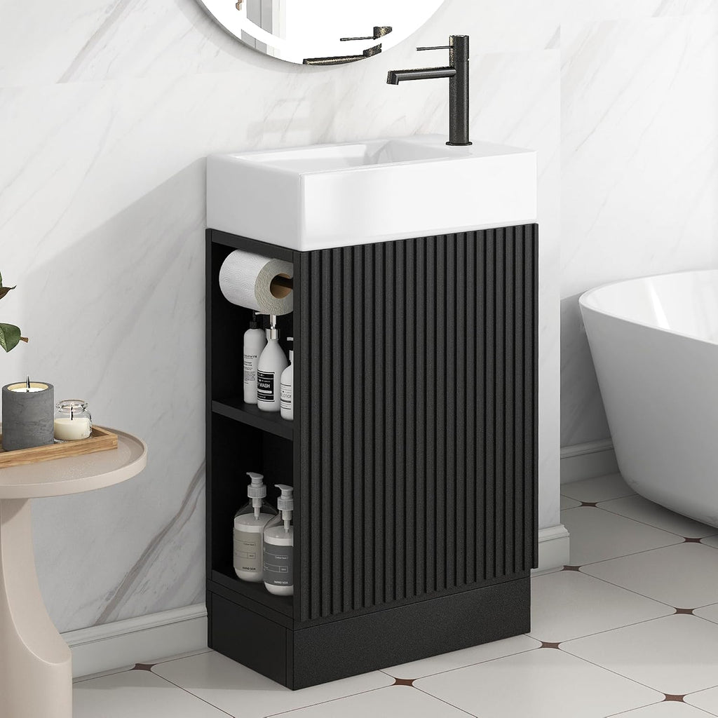 18.6 inch Bathroom Vanity with Sink, Free Standing Cabinet with Storage Cabinet & Two-Tier Shelf, Solid Wood Bath Vanity Organizer with Ceramic Sink for Bathroom, Black