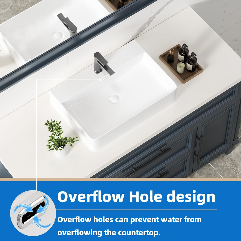 KINGWONG 24' Ceramic Vessel Sink | White Rectangular Bathroom Sink Above Counter or Wall Mounted | Large Porcelain Vanity Basin with Overflow Easy Clean Glossy Finish for Master Bath RV Farmhouse