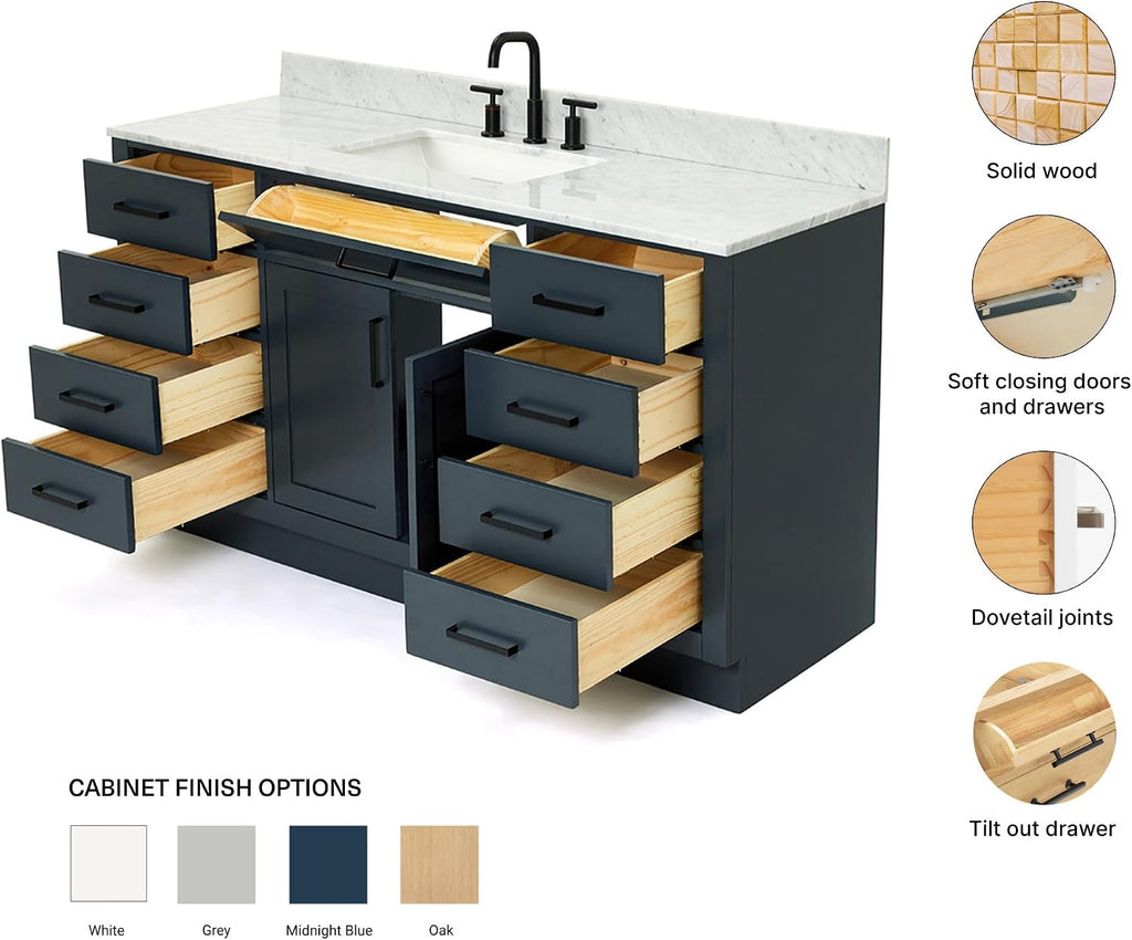 ARIEL Hepburn 60-inch Bathroom Vanity with Sink,Solid Wood, 0.75-inch Italian Carrara Marble Countertop, Single Rectangular Porcelain Sink, 2 Soft Closing Doors, 9 Dovetail Drawers, Midnight Blue