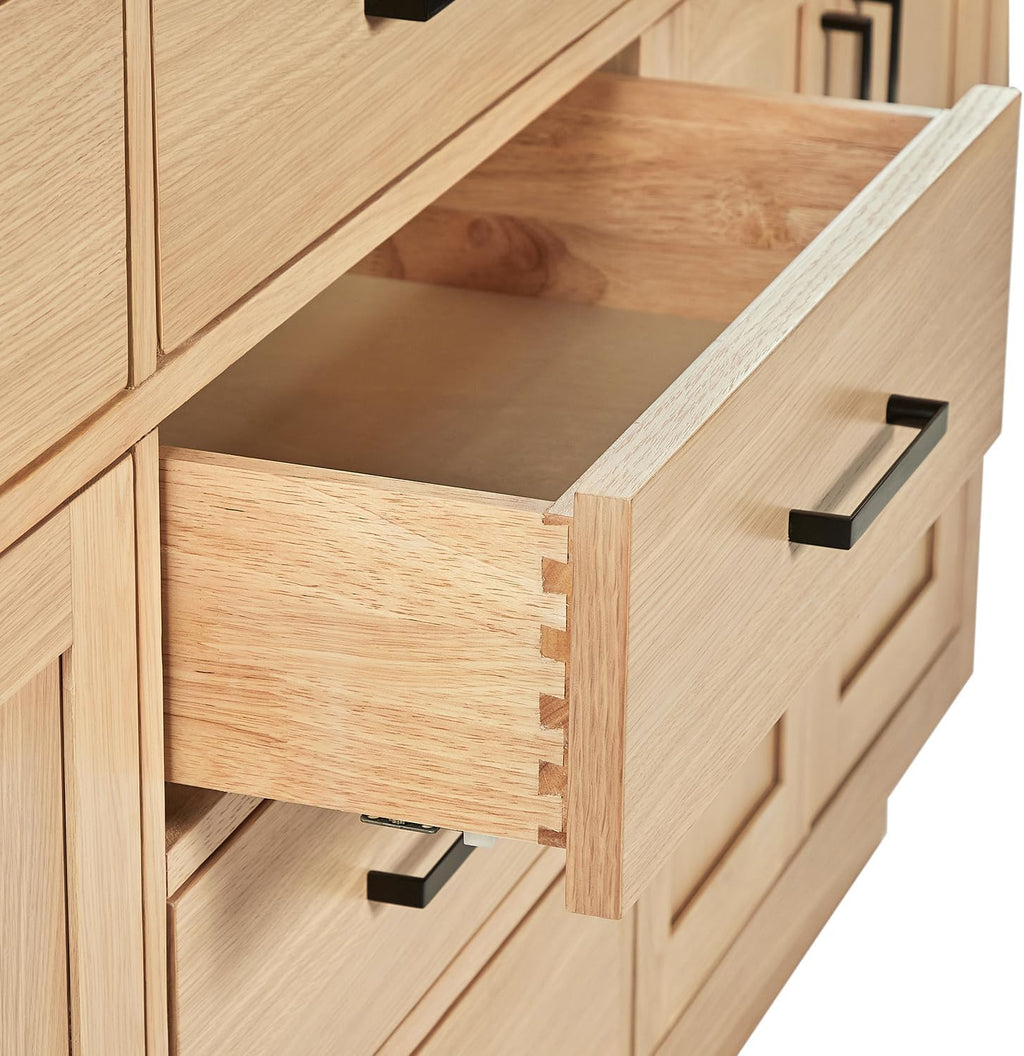 ARIEL Hepburn 66-inch Bathroom Vanity with Sink,Solid Wood, 1.5-inch Carrara White Quartz Countertop, Double Rectangular Porcelain Sink, 4 Soft Closing Doors, 6 Dovetail Drawers, White Oak
