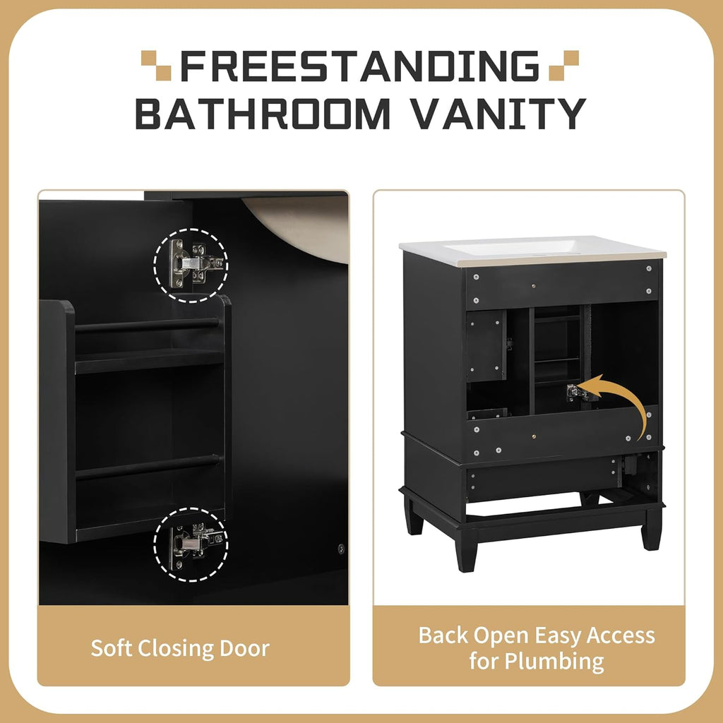 24 Inch Bathroom Vanity with Sink, Freestanding Bathroom Sink Cabinet with 3 Drawers and Storage Door Rack Organizer, Solid Wood Legs, Black